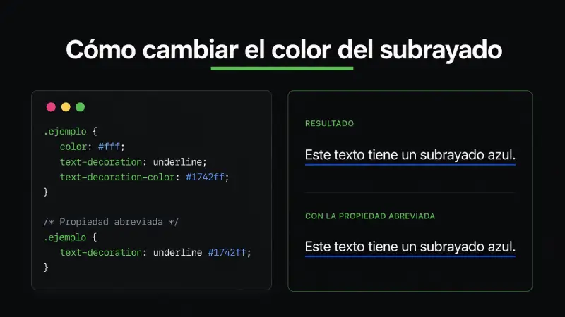Ejemplo de text-decoration-color en CSS para cambiar el color del subrayado a azul