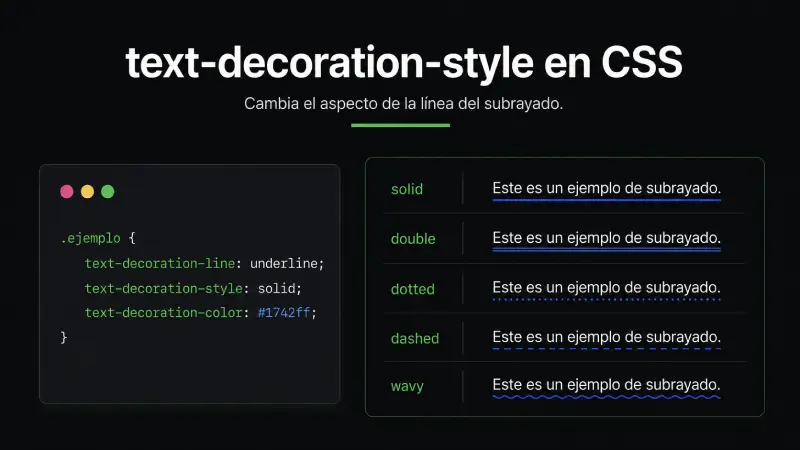 Comparativa de estilos text-decoration-style en CSS: solid, double, dotted, dashed y wavy