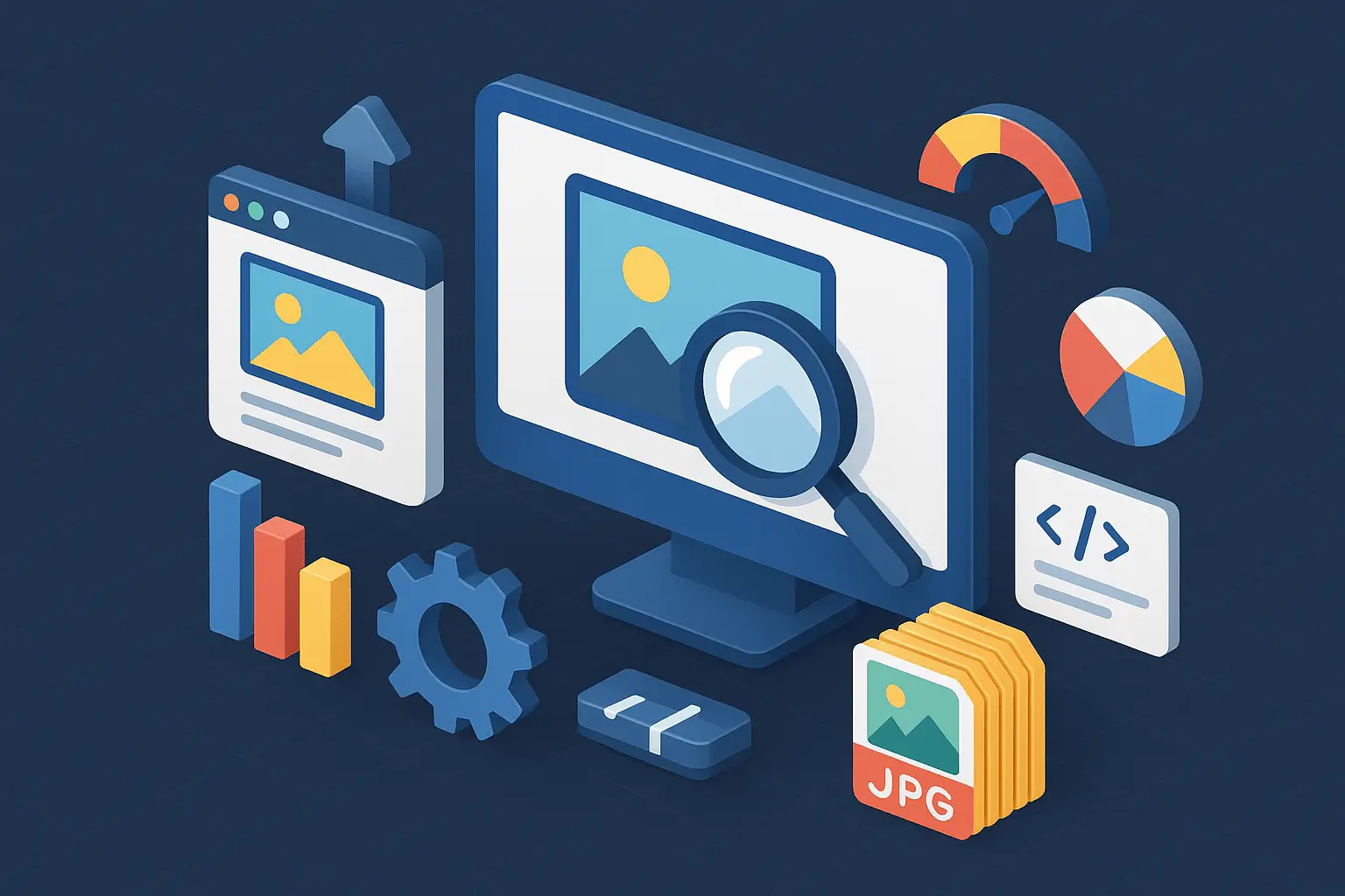 Visualización 3D del proceso de optimización de imágenes para SEO y sistemas de inteligencia artificial como Google Lens y AI Overviews
