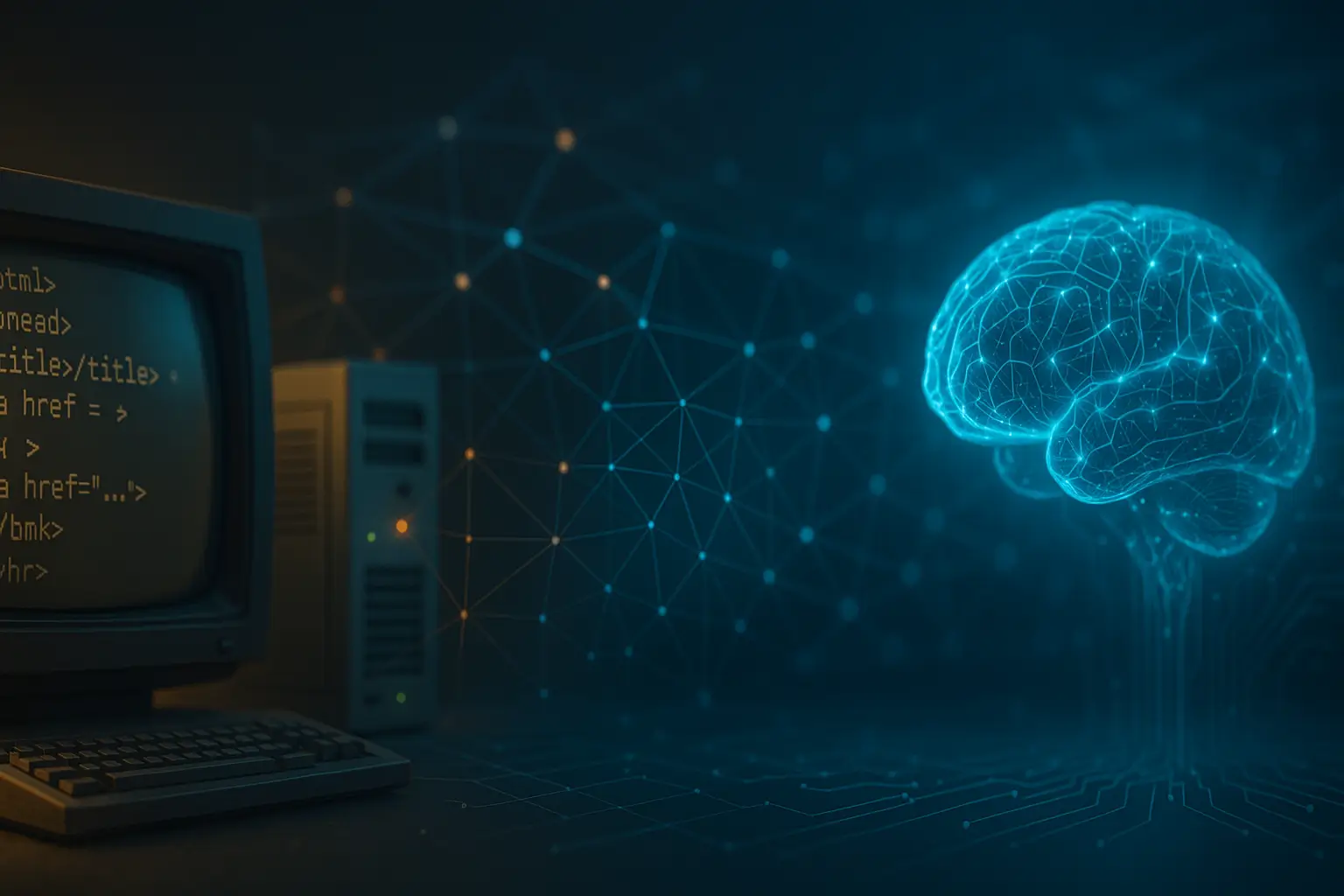 Evolución del SEO representada con una transición visual desde un ordenador antiguo hasta una red neuronal digital azul que simboliza la inteligencia artificial
