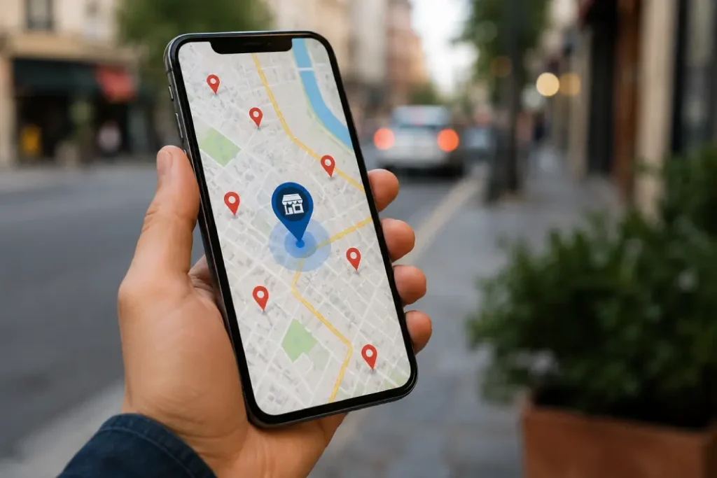 Smartphone mostrando un mapa con varios negocios locales y un establecimiento destacado, representando el posicionamiento de empresas en Google Maps mediante SEO local.