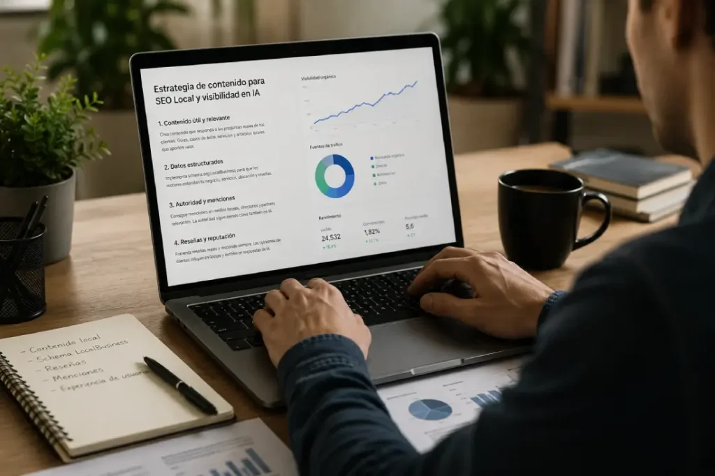 Profesional creando contenido y analizando datos de rendimiento en un ordenador portátil para mejorar la visibilidad de un negocio en buscadores e inteligencia artificial.