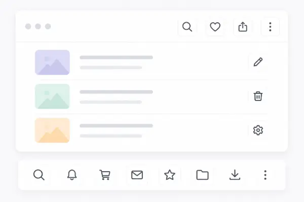 Ejemplos de botones de icono utilizados en una interfaz