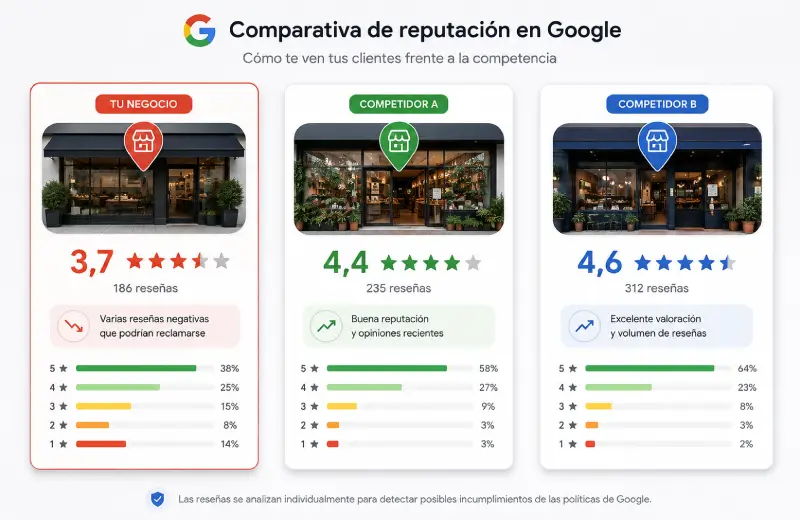 Comparativa de reputación en Google entre un negocio con 3,7 estrellas y dos competidores con valoraciones de 4,4 y 4,6 estrellas