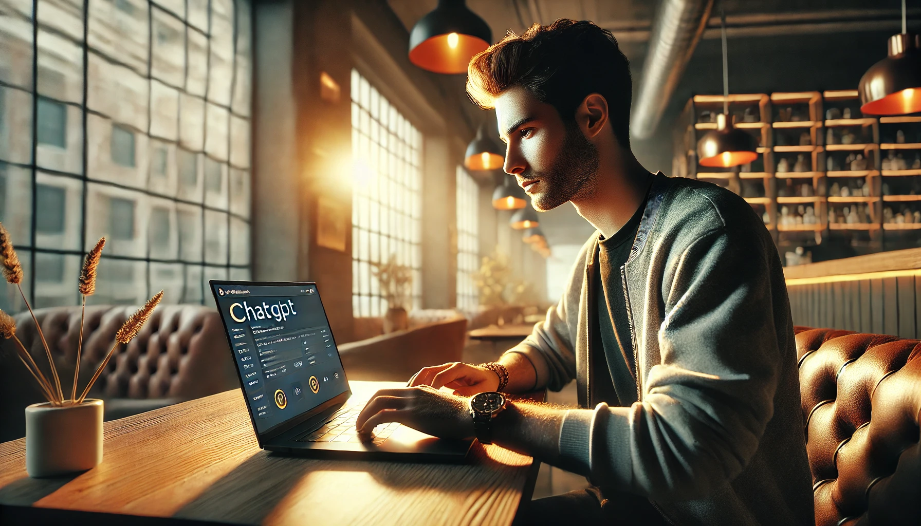 joven usando chatgpt en una cafetería con laptop
