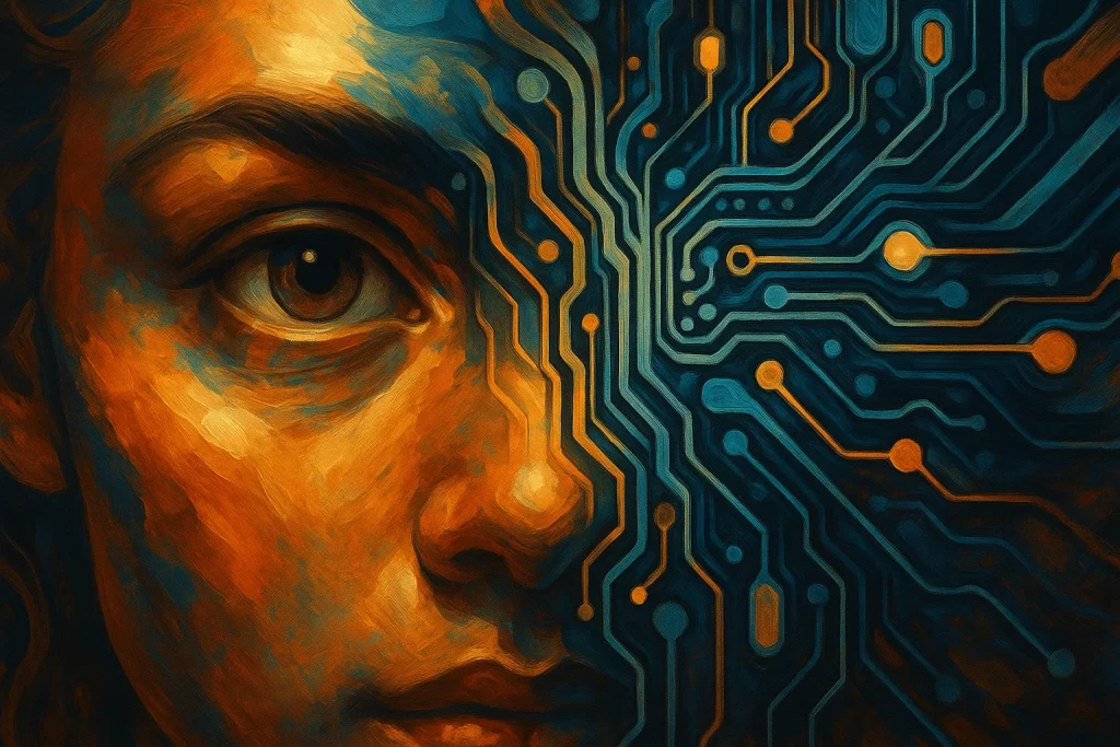 Rostro humano fusionado con circuitos que reflejan expresión y tecnología