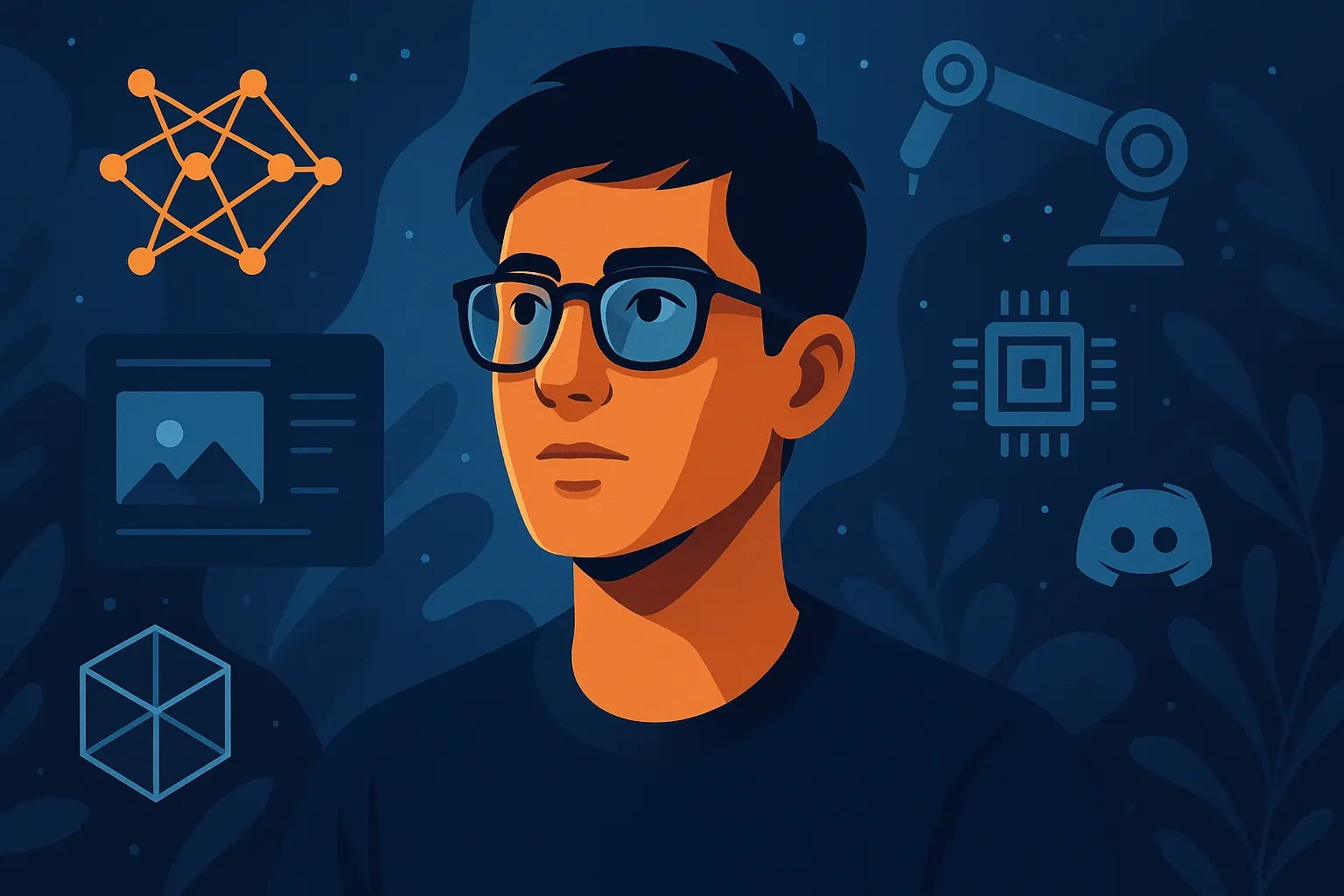 Joven con gafas rodeado de iconos de inteligencia artificial y tecnología