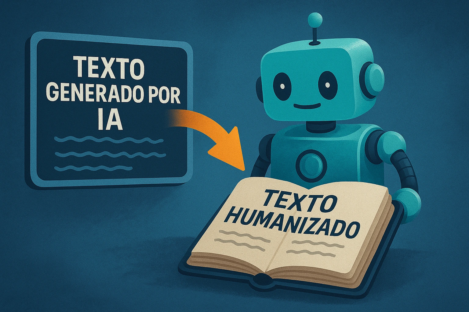 Robot transformando texto generado por IA en texto humanizado