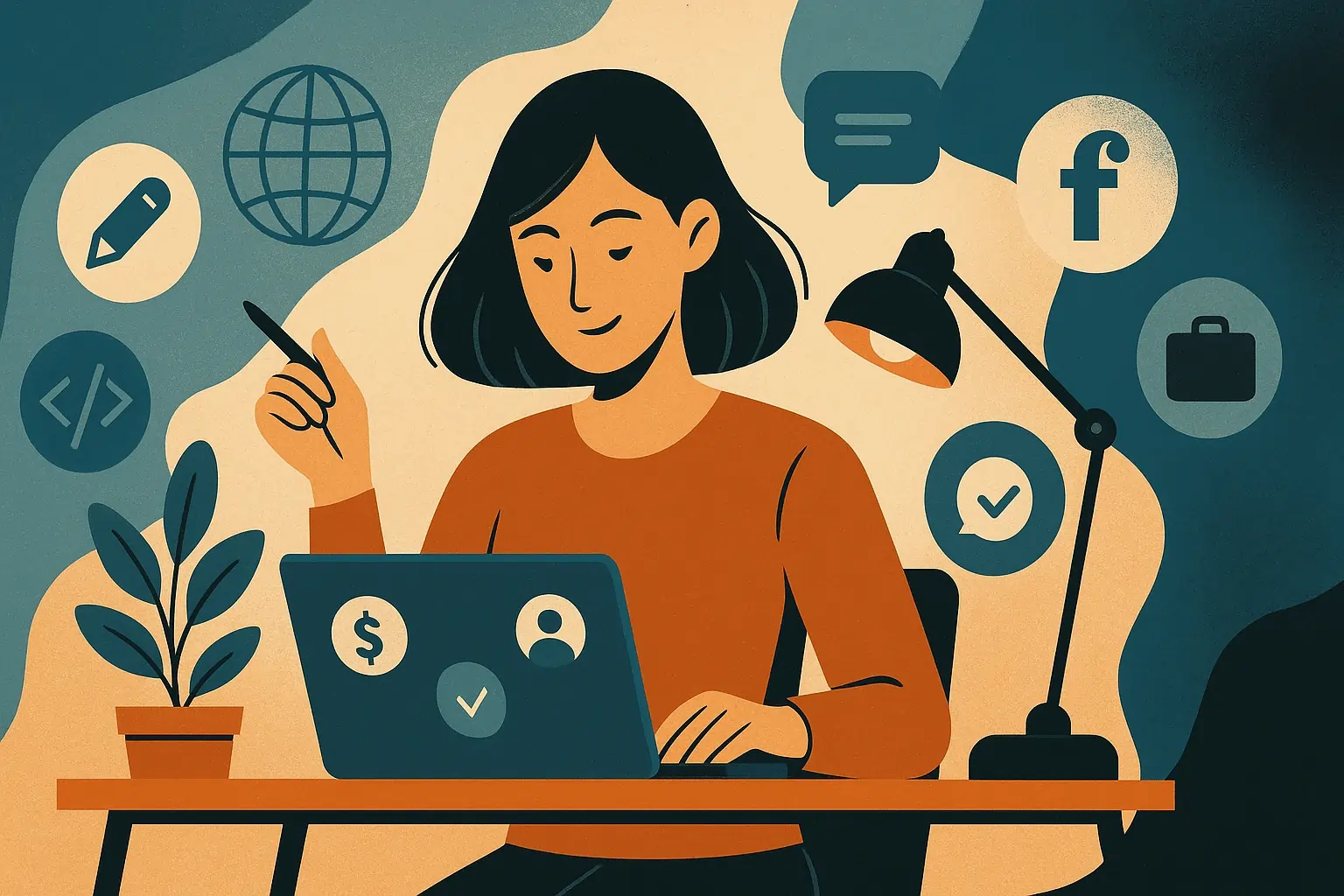 Una profesional freelance trabajando en su portátil en un entorno creativo minimalista