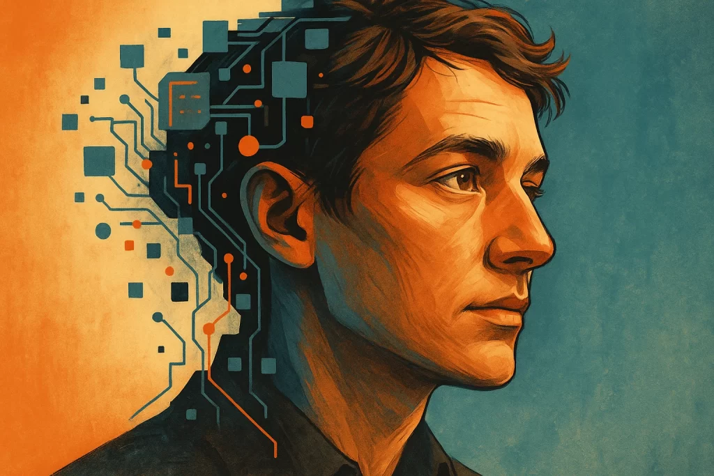 Rostro humano fusionándose con circuitos de inteligencia artificial