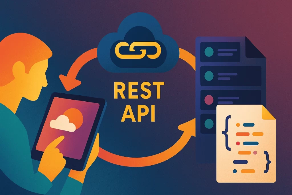 Flujo entre cliente, REST API y servidor con datos JSON