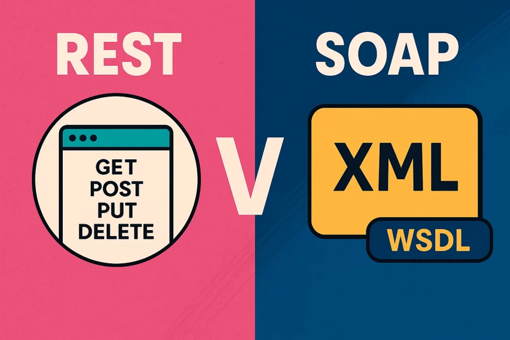 Comparativa en 2D entre REST y SOAP, mostrando diferencias en formato, protocolo y complejidad.