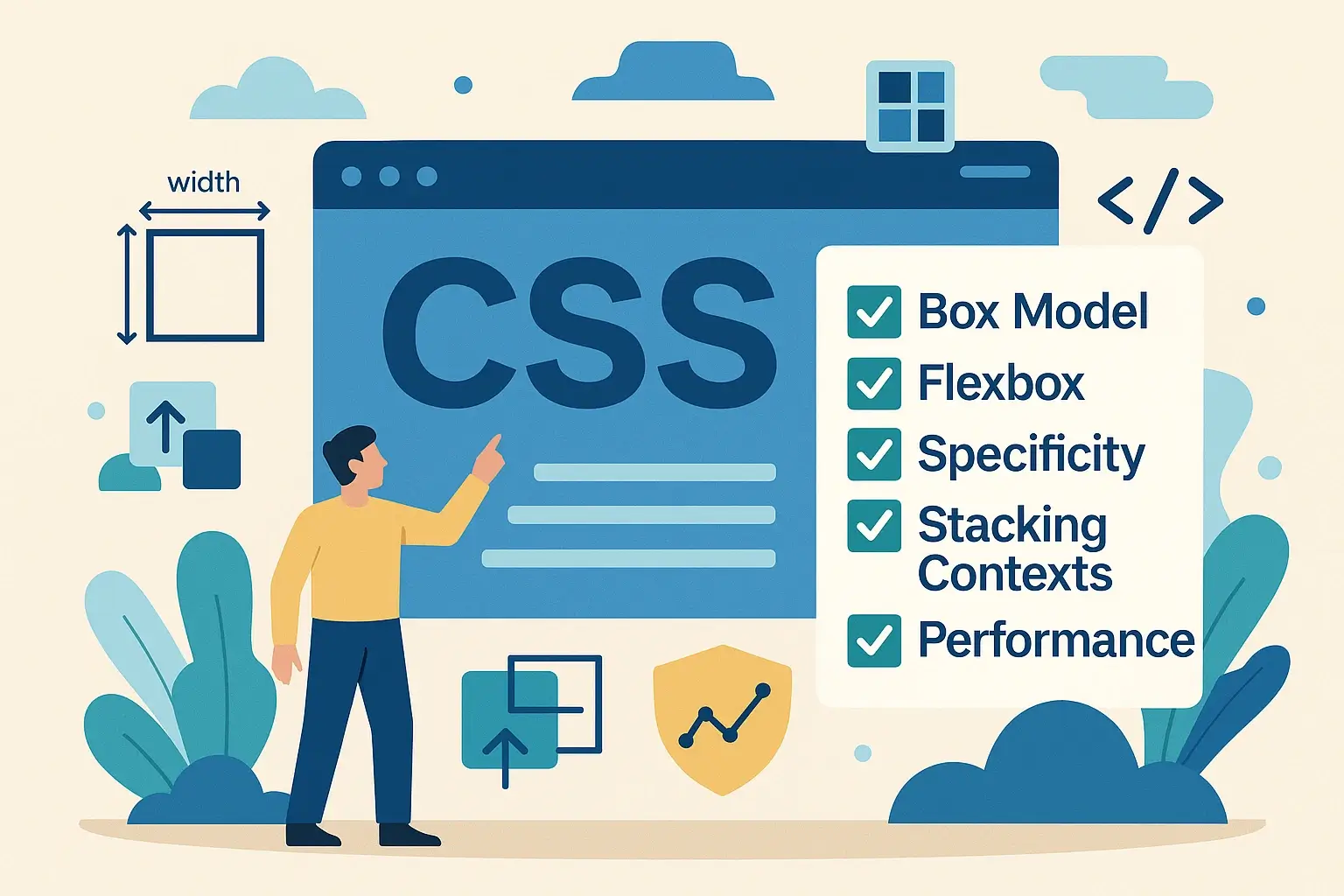 Un desarrollador señalando los fundamentos clave de CSS como Box Model, Flexbox, Especificidad y Performance
